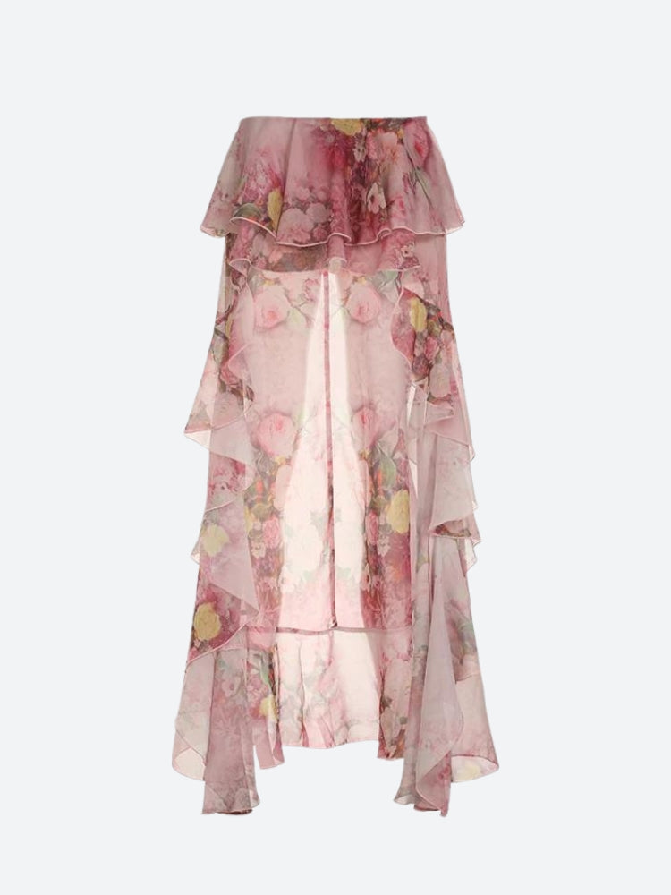 Floral Ruffled Mesh Mullet Skirt - Retro Y2K Summer Outfit with 90s Grunge Vibes