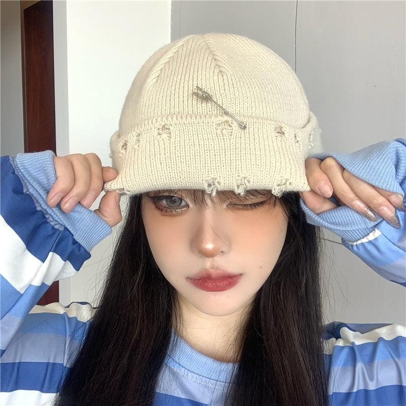 Grunge Distressed Beanie - Retro Y2K Fashion, 90s Style, Perfect for Y2K Outfits