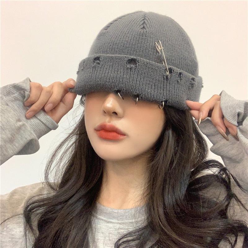 Grunge Distressed Beanie - Retro Y2K Fashion, 90s Style, Perfect for Y2K Outfits