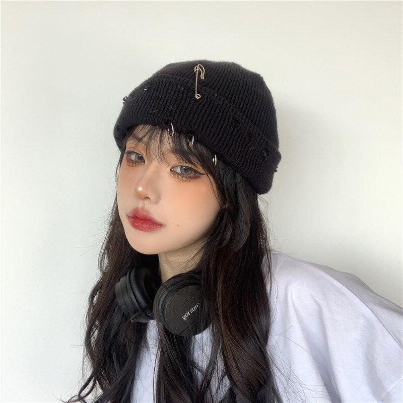 Grunge Distressed Beanie - Retro Y2K Fashion, 90s Style, Perfect for Y2K Outfits