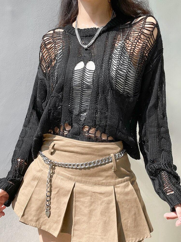 Grunge Distressed Knit Sweater - Retro Y2K Fashion, 90s Style, Perfect for Y2K Outfits