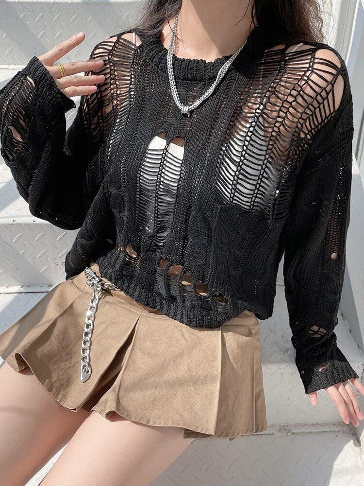 Grunge Distressed Knit Sweater - Retro Y2K Fashion, 90s Style, Perfect for Y2K Outfits