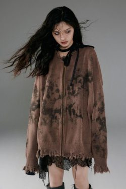 Grunge Extra Distressed Zip-Up Cardigan - Retro Y2K Fashion, 90s Style, Perfect for Y2K Outfits