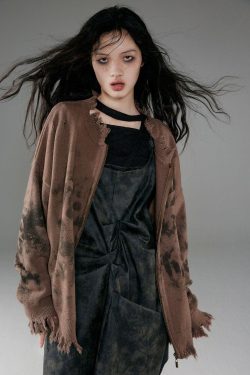 Grunge Extra Distressed Zip-Up Cardigan - Retro Y2K Fashion, 90s Style, Perfect for Y2K Outfits