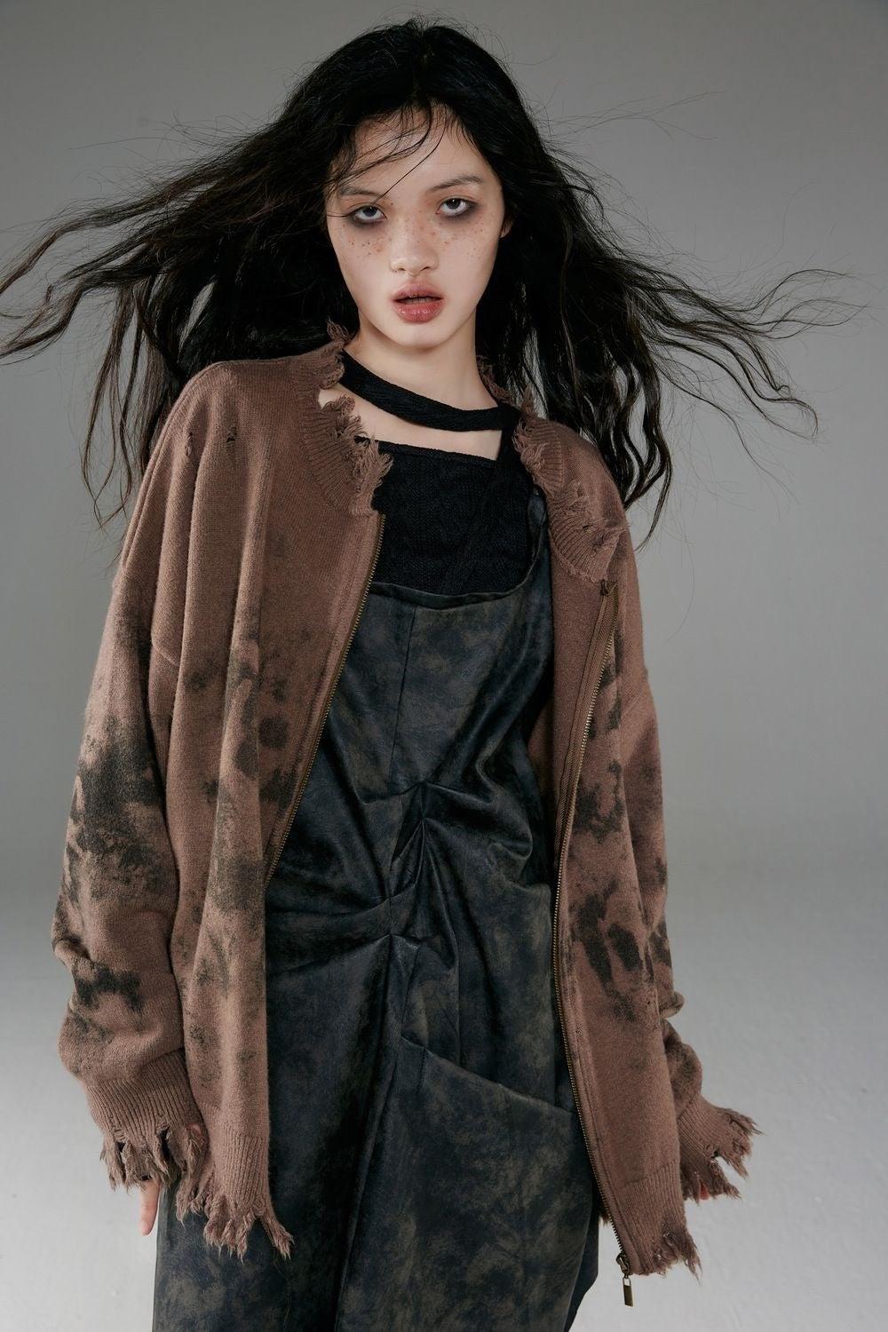 Grunge Extra Distressed Zip-Up Cardigan - Retro Y2K Fashion, 90s Style, Perfect for Y2K Outfits
