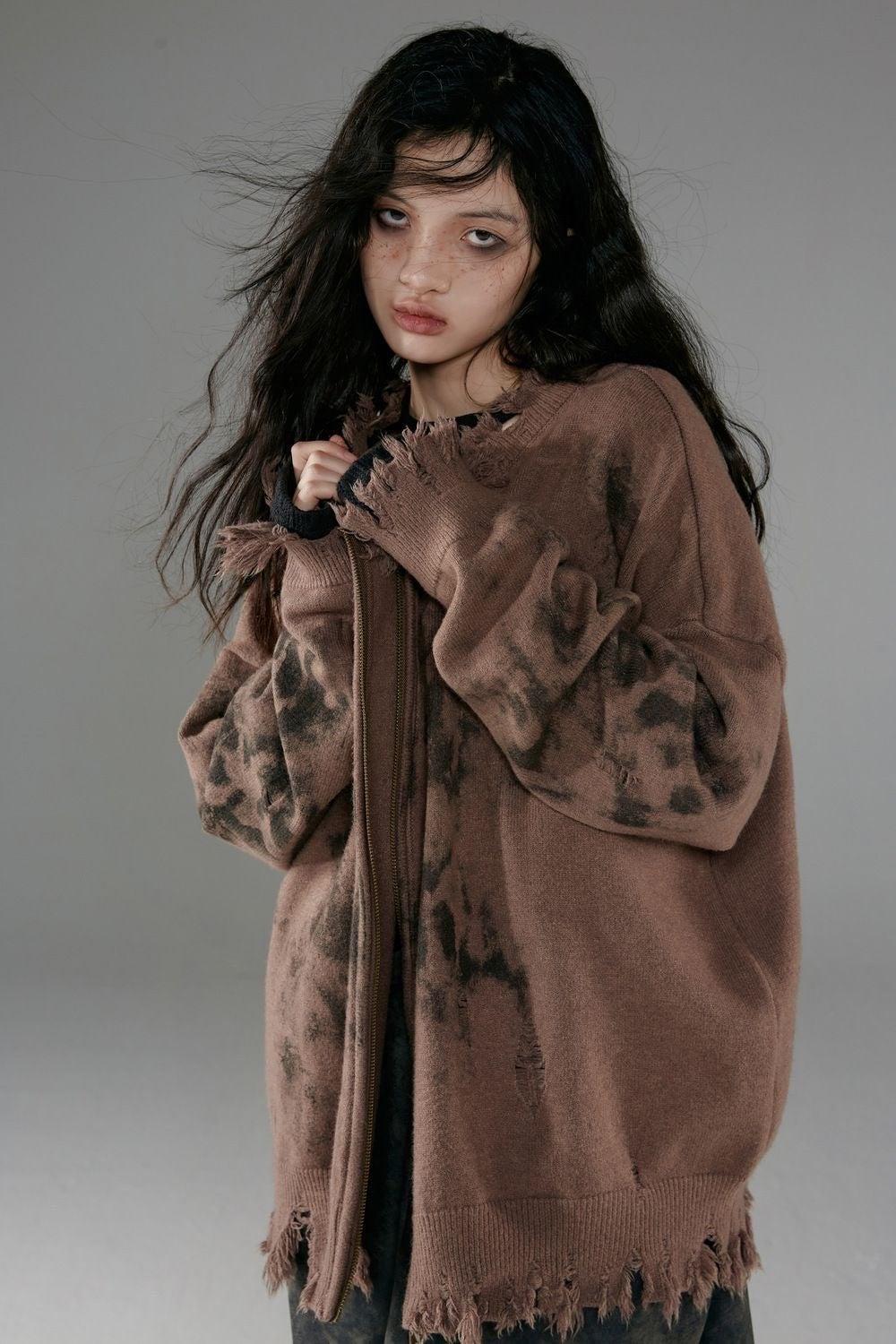Grunge Extra Distressed Zip-Up Cardigan - Retro Y2K Fashion, 90s Style, Perfect for Y2K Outfits