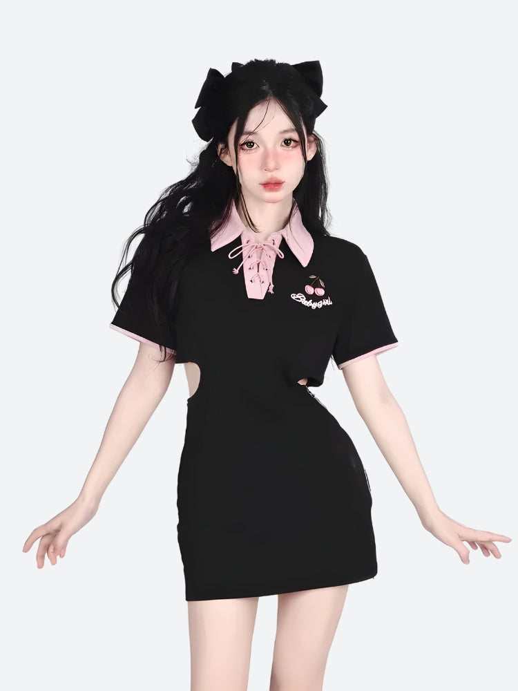 Kawaii Cherry Cut Out Mini Polo Dress - Y2K Summer Retro Style Douyin Fashion