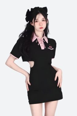 Kawaii Cherry Cut Out Mini Polo Dress - Y2K Summer Retro Style Douyin Fashion