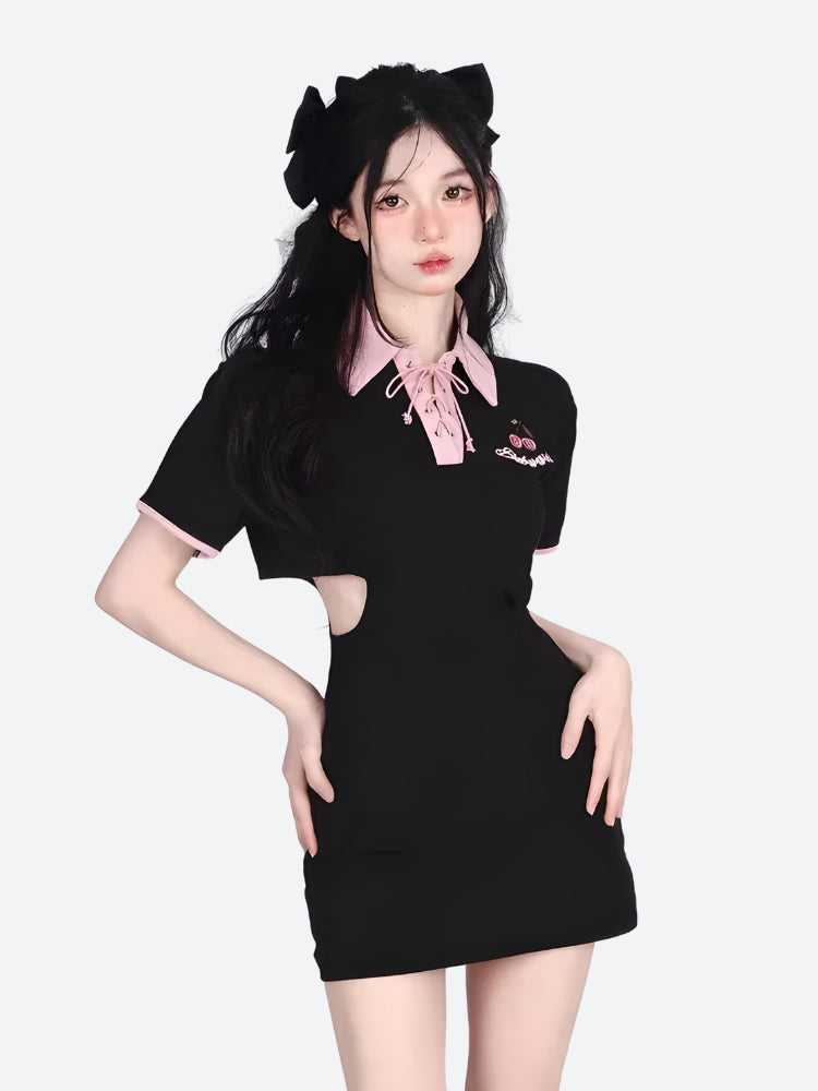 Kawaii Cherry Cut Out Mini Polo Dress - Y2K Summer Retro Style Douyin Fashion