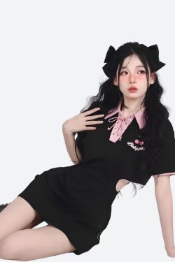 Kawaii Cherry Cut Out Mini Polo Dress - Y2K Summer Retro Style Douyin Fashion
