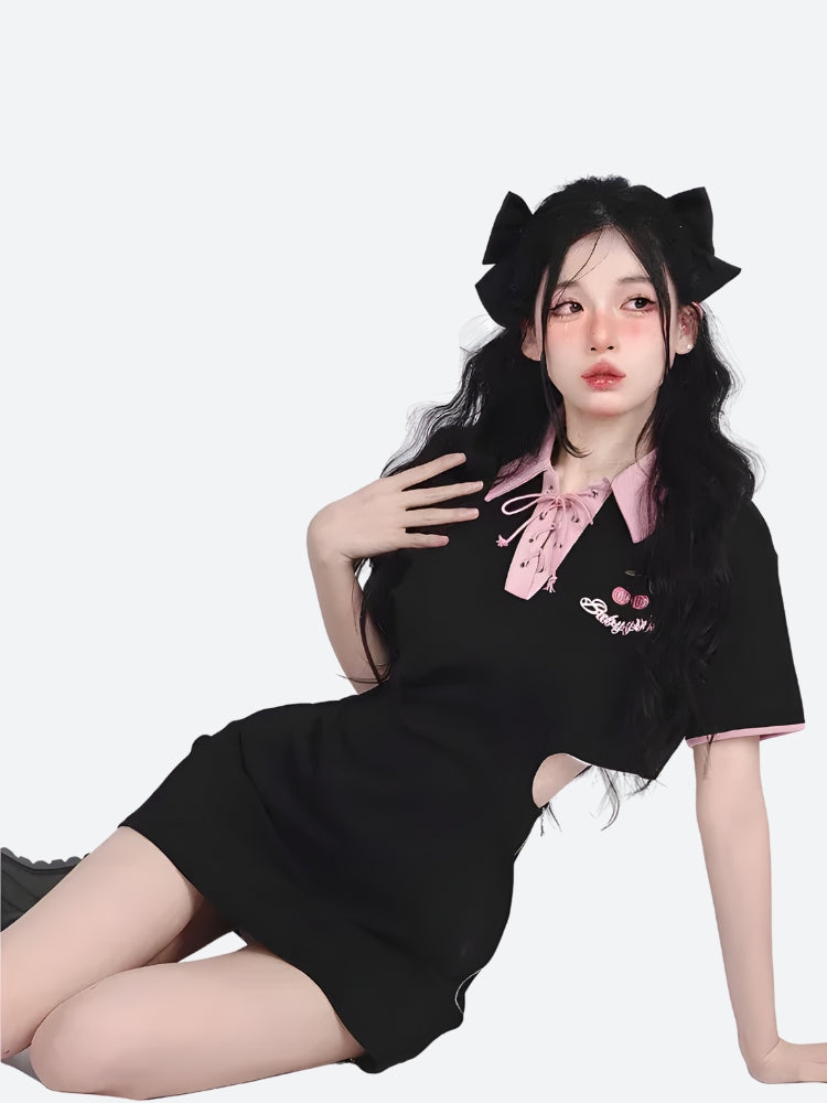 Kawaii Cherry Cut Out Mini Polo Dress - Y2K Summer Retro Style Douyin Fashion