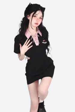 Kawaii Cherry Cut Out Mini Polo Dress - Y2K Summer Retro Style Douyin Fashion