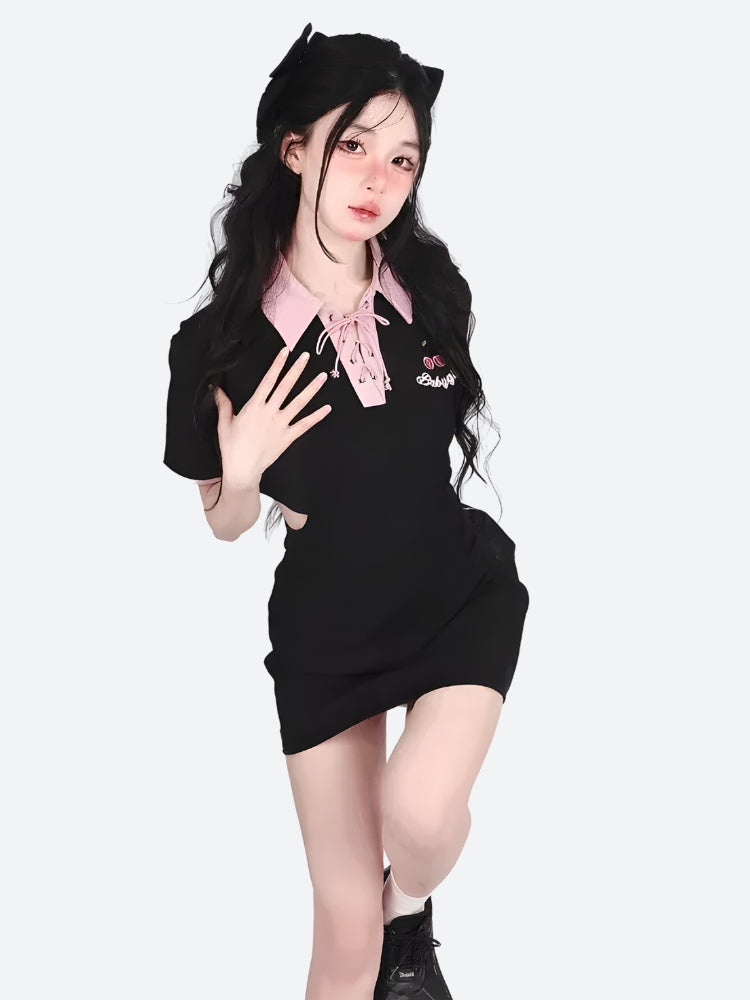 Kawaii Cherry Cut Out Mini Polo Dress - Y2K Summer Retro Style Douyin Fashion