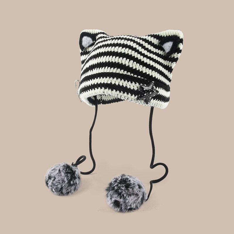 Kawaii Y2K Cat Ear Pom-Pom Beanie - Retro 90s Grunge Style