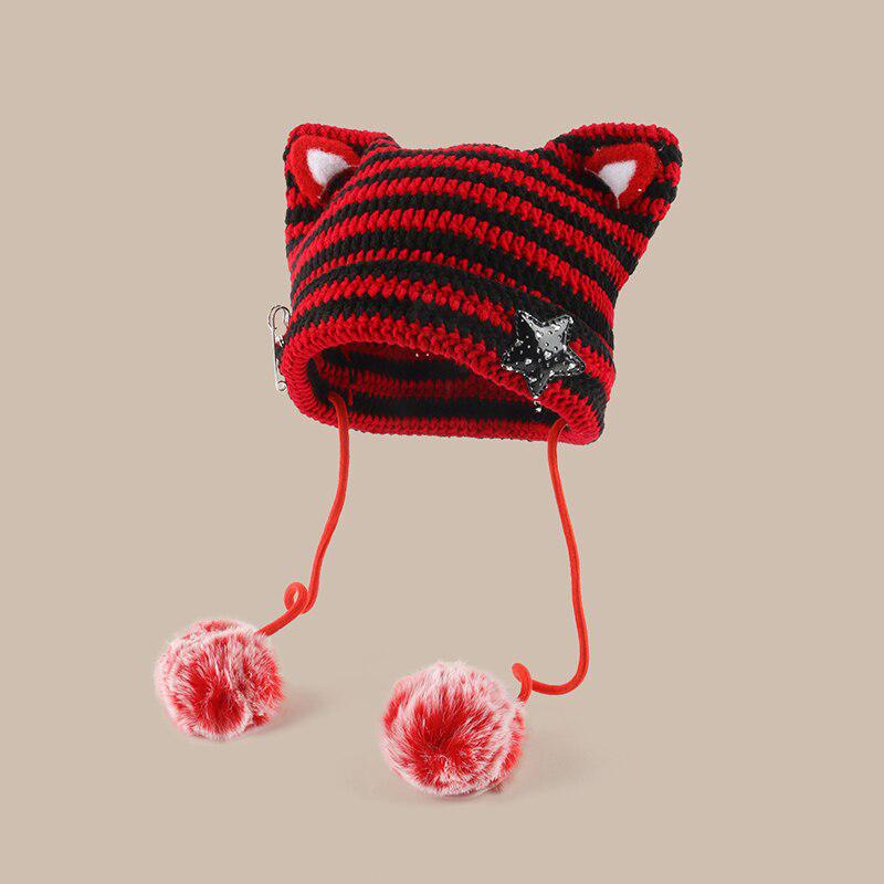 Kawaii Y2K Cat Ear Pom-Pom Beanie - Retro 90s Grunge Style