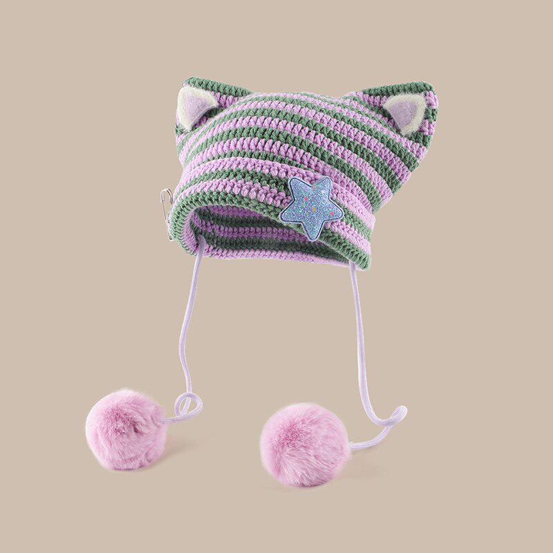 Kawaii Y2K Cat Ear Pom-Pom Beanie - Retro 90s Grunge Style