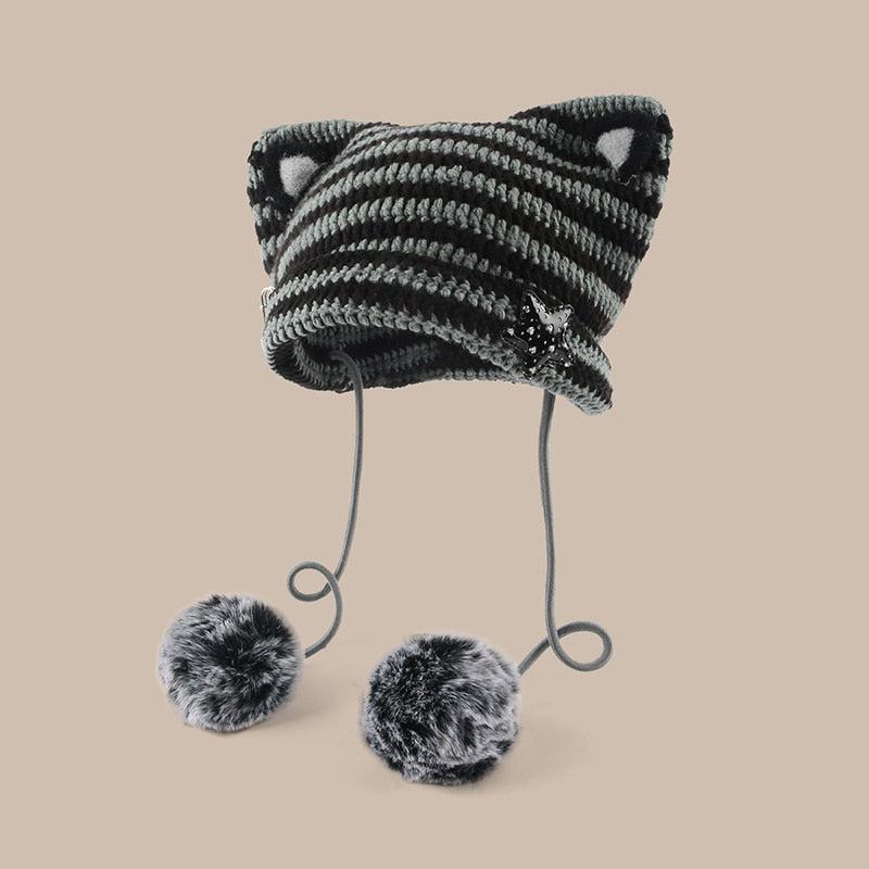 Kawaii Y2K Cat Ear Pom-Pom Beanie - Retro 90s Grunge Style