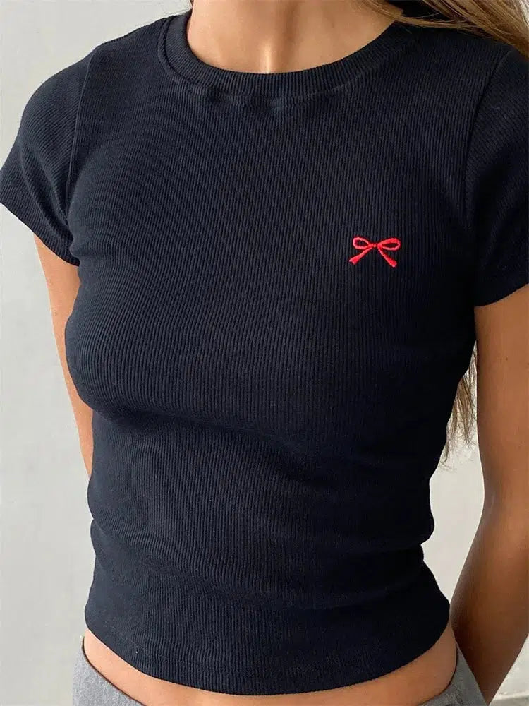 Retro Y2K Grunge Bow Basic Tee - Perfect for 90s Summer Outfits & Douyin Style