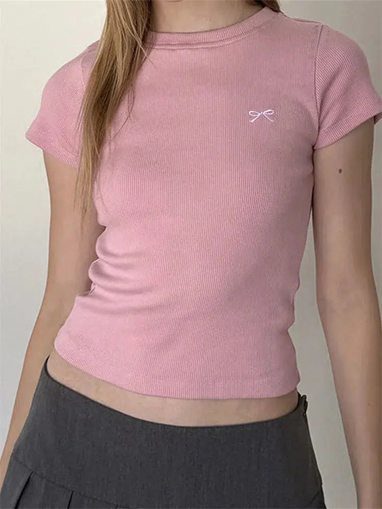 Retro Y2K Grunge Bow Basic Tee - Perfect for 90s Summer Outfits & Douyin Style