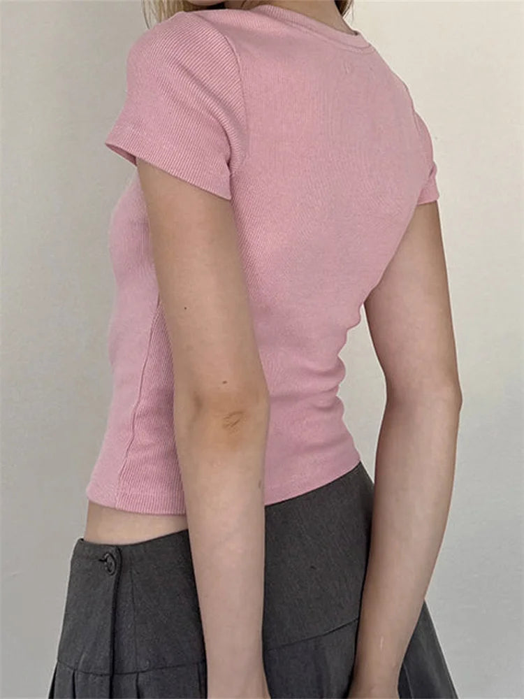 Retro Y2K Grunge Bow Basic Tee - Perfect for 90s Summer Outfits & Douyin Style