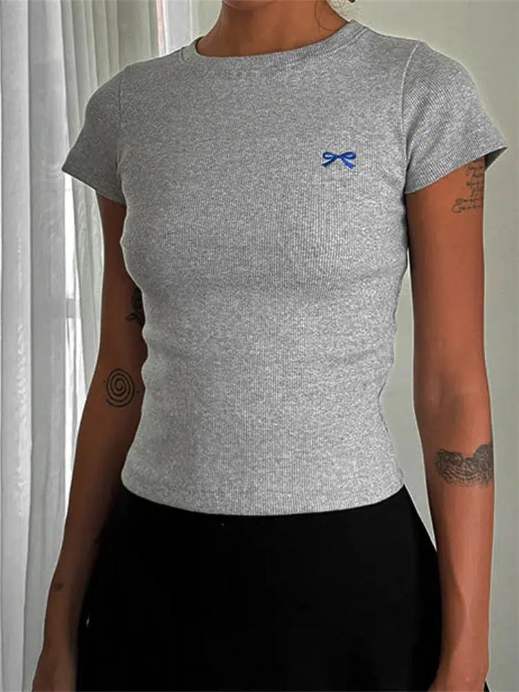 Retro Y2K Grunge Bow Basic Tee - Perfect for 90s Summer Outfits & Douyin Style