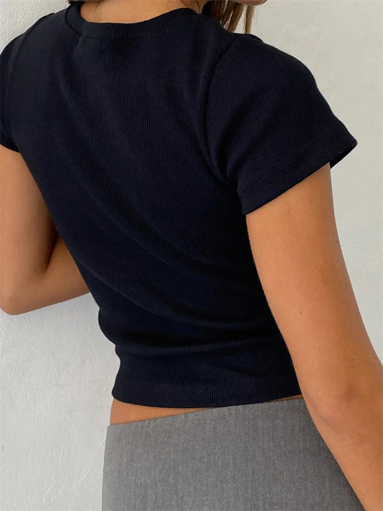 Retro Y2K Grunge Bow Basic Tee - Perfect for 90s Summer Outfits & Douyin Style