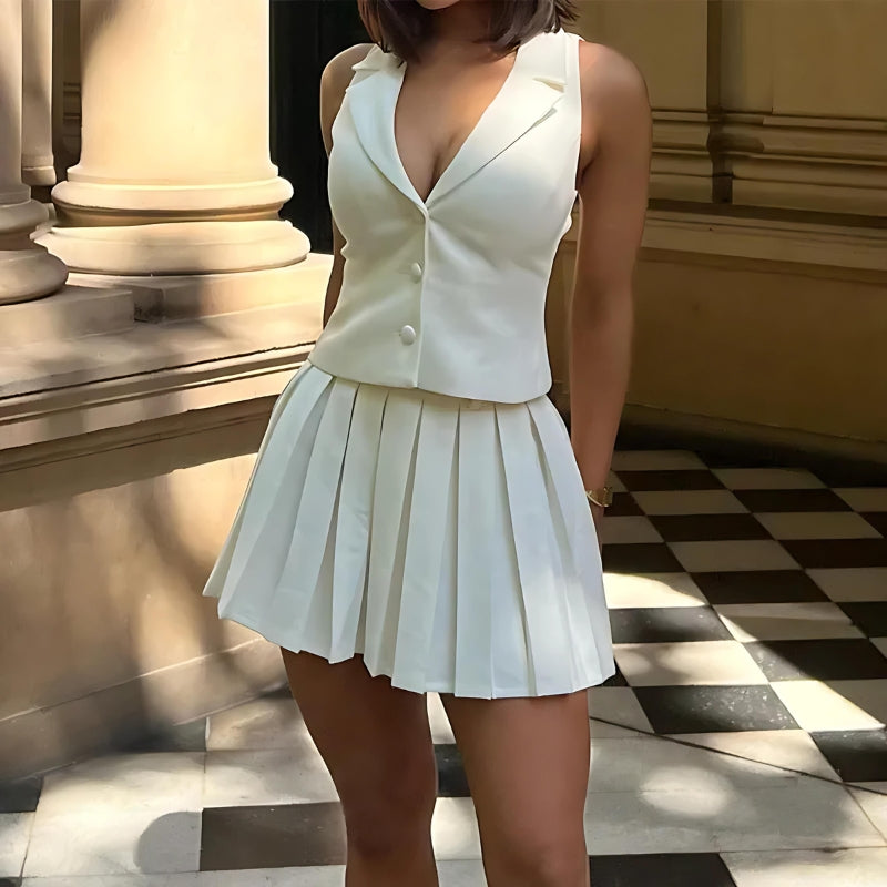 Y2K Button Up Top & Pleated Mini Skirt Set - Retro 90s Fashion Outfit