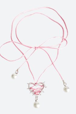 Y2K Coquette Barbed Heart Bow Tie Necklace - Retro 90s Grunge Style Accessory