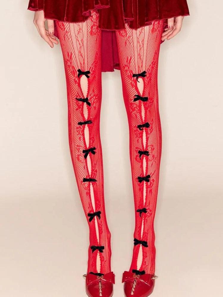 Y2K Coquette Bow Fishnet Tights - Retro Style Grunge Outfits Essential