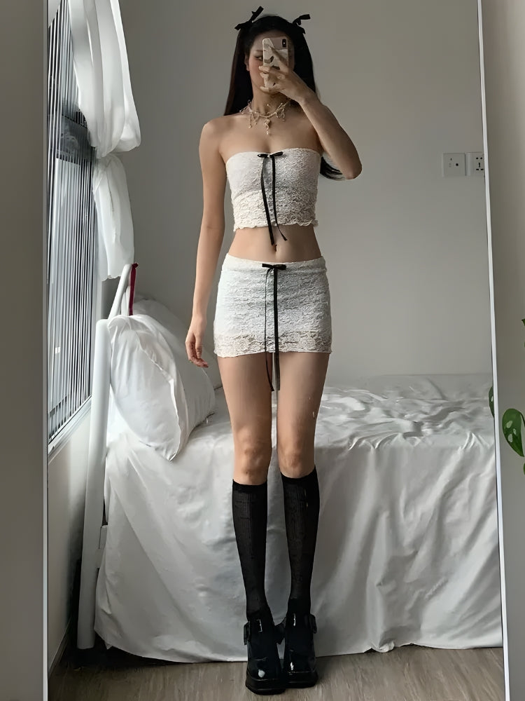 Y2K Coquette Bow Lace Two Piece Set - Retro Style Summer Outfit