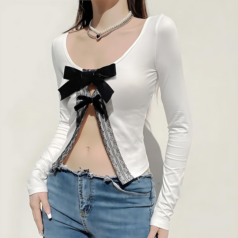 Y2K Coquette Bow Open Front Top - Retro Style Summer Fashion