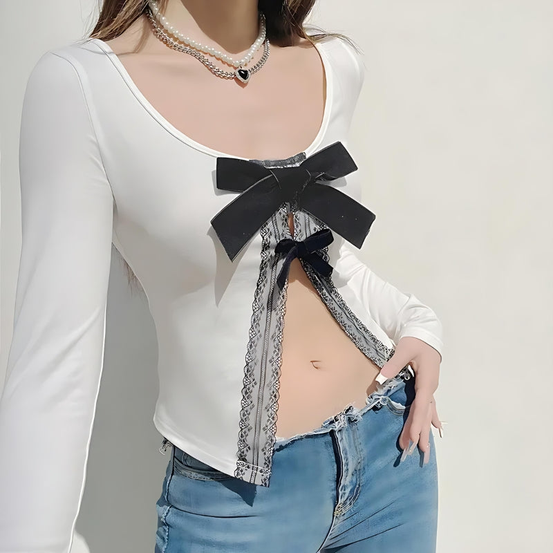 Y2K Coquette Bow Open Front Top - Retro Style Summer Fashion