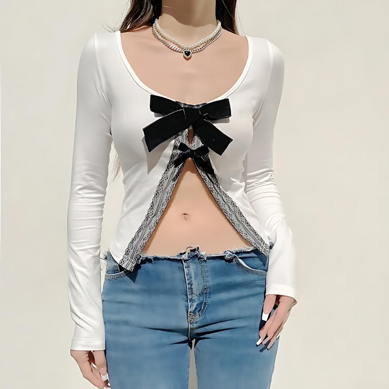 Y2K Coquette Bow Open Front Top - Retro Style Summer Fashion