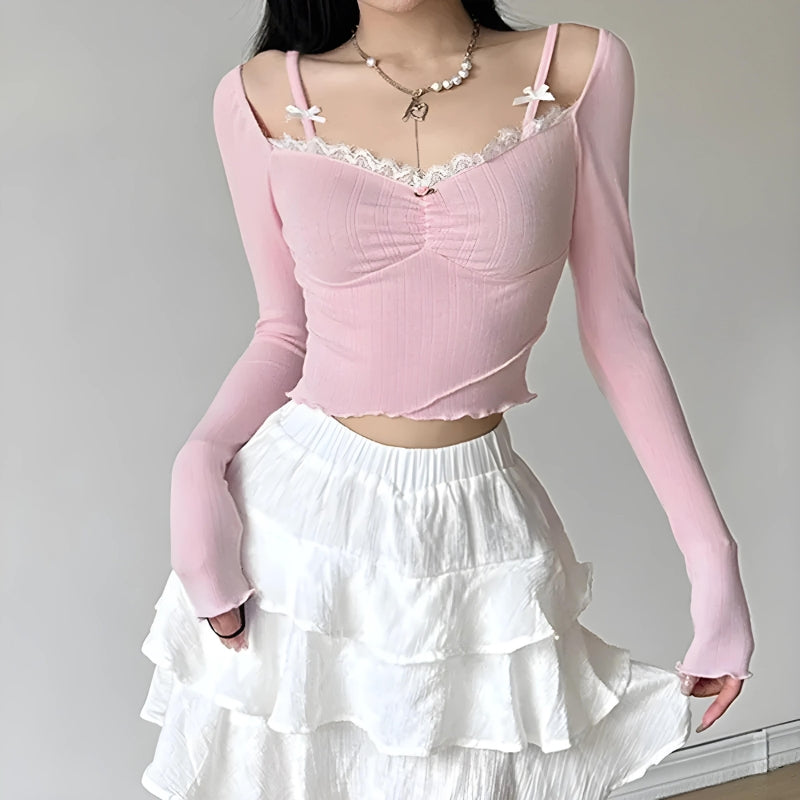 Y2K Coquette Bow Straps Ruched Top - Retro 90s Fashion Statement