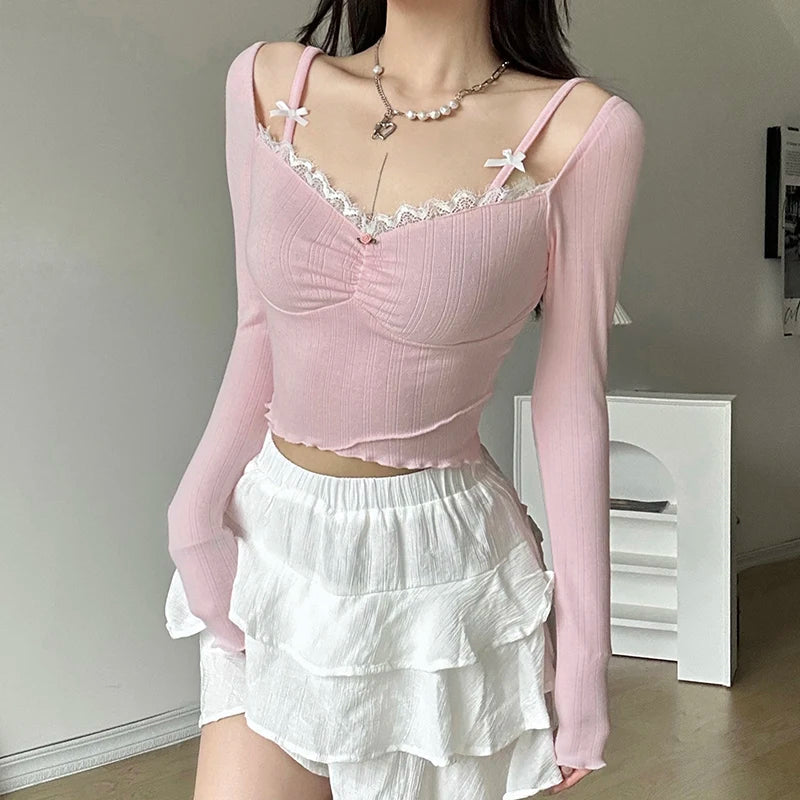 Y2K Coquette Bow Straps Ruched Top - Retro 90s Fashion Statement