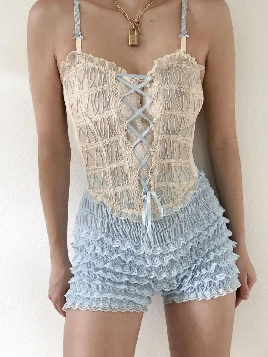 Y2K Coquette Lace Ruched Ruffled Shorts - Retro 90s Grunge Style
