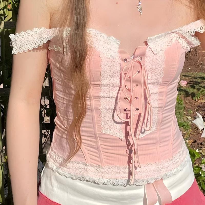 Y2K Coquette Lace Up Corset Top - Retro 90s Fashion Grunge Style