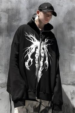 Y2K Cyberpunk Ghost Full Zip-Up Hoodie - Retro 90s Grunge Style