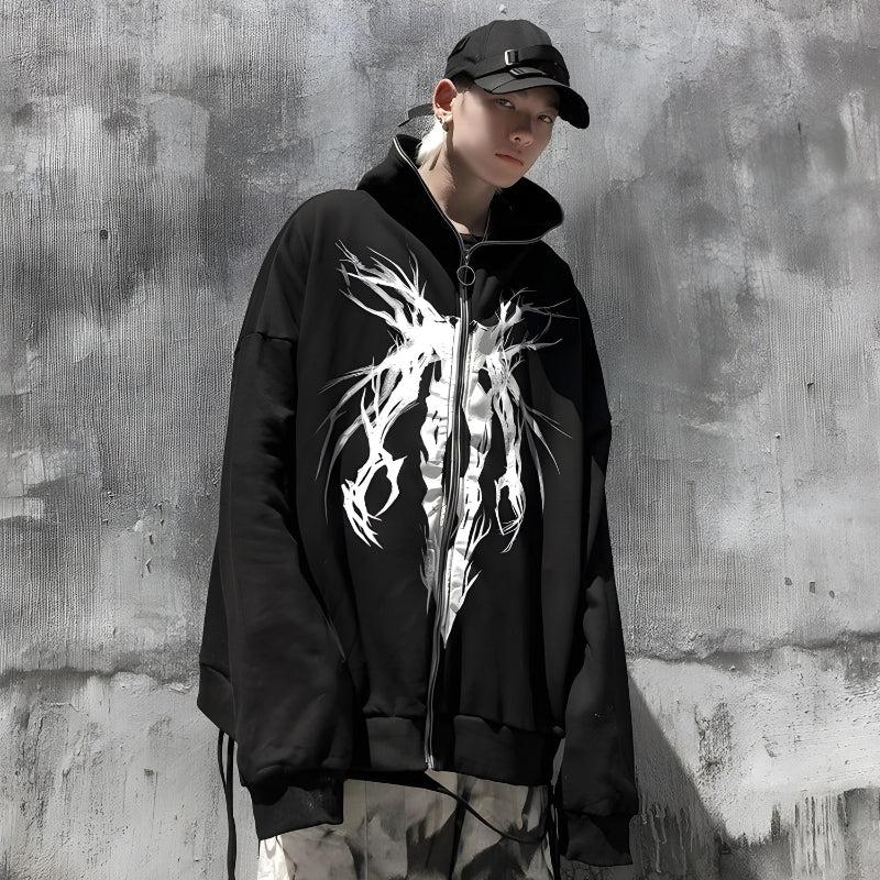 Y2K Cyberpunk Ghost Full Zip-Up Hoodie - Retro 90s Grunge Style