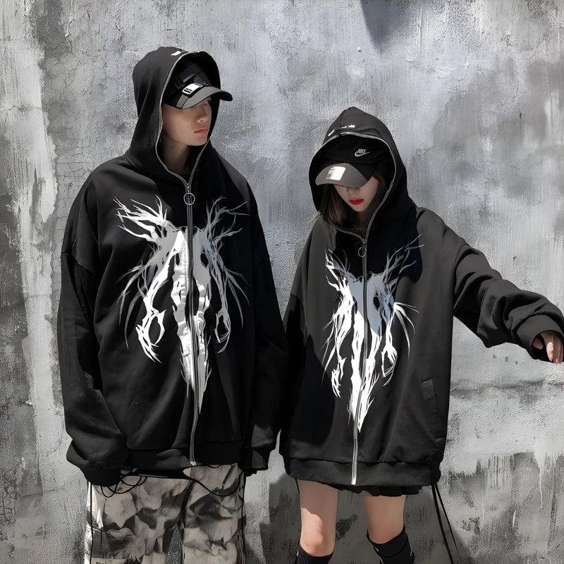 Y2K Cyberpunk Ghost Full Zip-Up Hoodie - Retro 90s Grunge Style