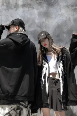 Y2K Cyberpunk Ghost Full Zip-Up Hoodie - Retro 90s Grunge Style