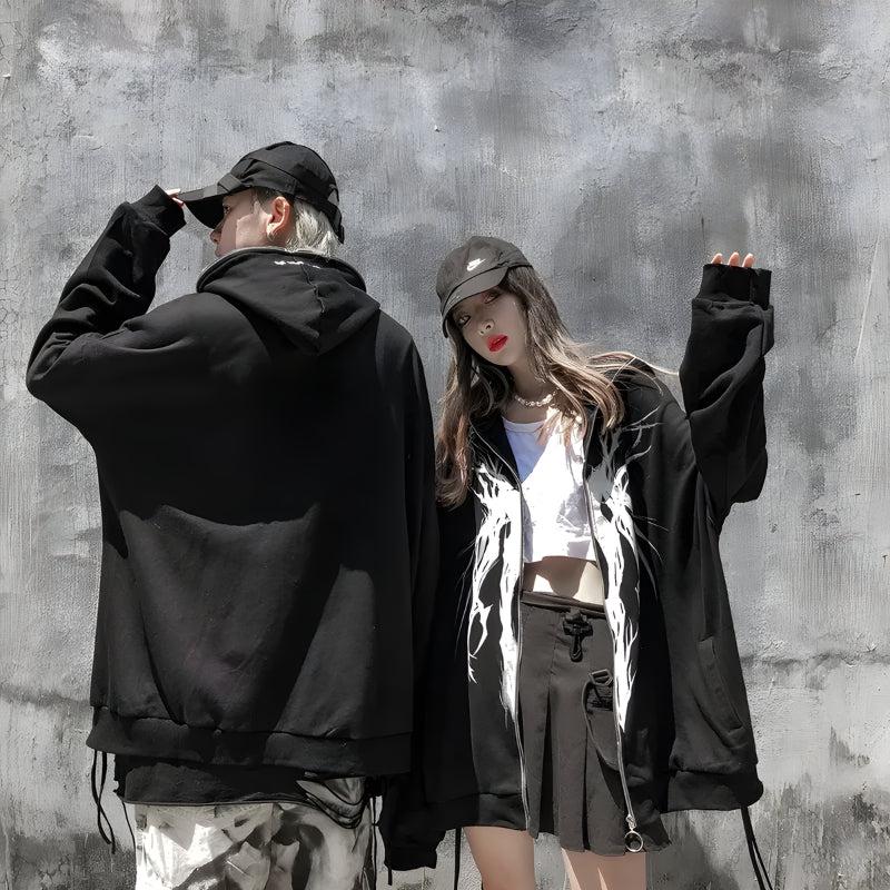 Y2K Cyberpunk Ghost Full Zip-Up Hoodie - Retro 90s Grunge Style