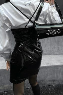 Y2K Cyberpunk Patent Leather Mini Dress - Retro Style Grunge Outfit