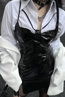 Y2K Cyberpunk Patent Leather Mini Dress - Retro Style Grunge Outfit