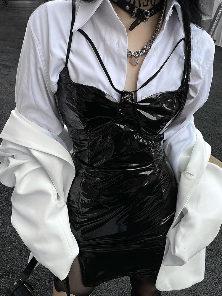 Y2K Cyberpunk Patent Leather Mini Dress - Retro Style Grunge Outfit