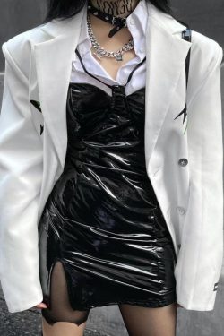 Y2K Cyberpunk Patent Leather Mini Dress - Retro Style Grunge Outfit