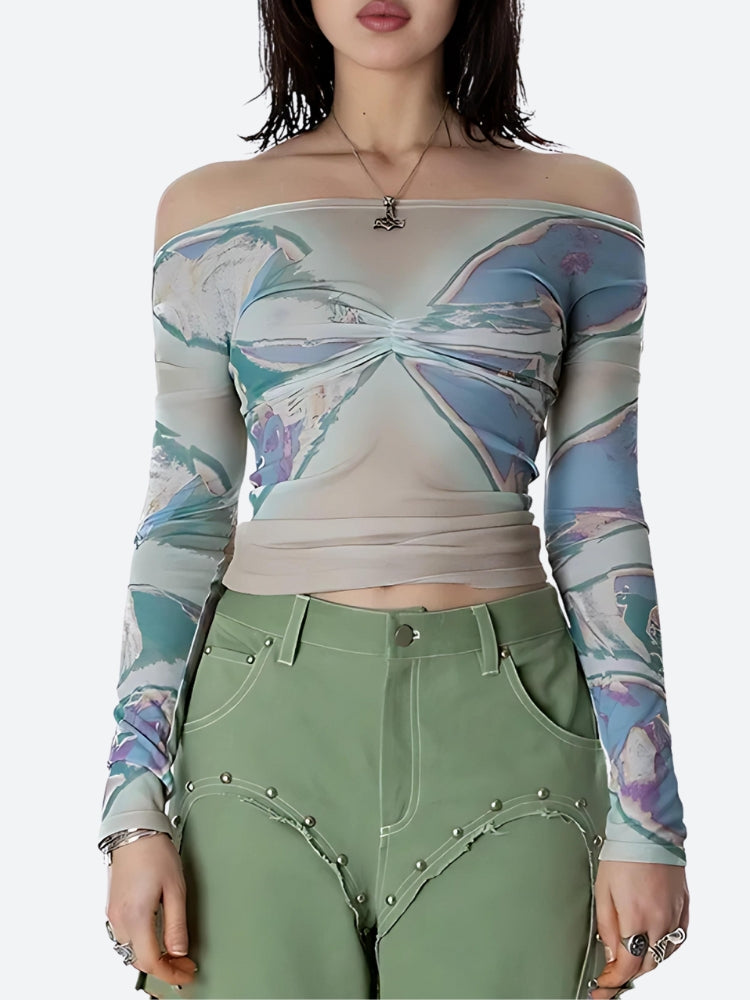 Y2K Fairycore Butterfly Mesh Top - Retro Style Grunge Outfit