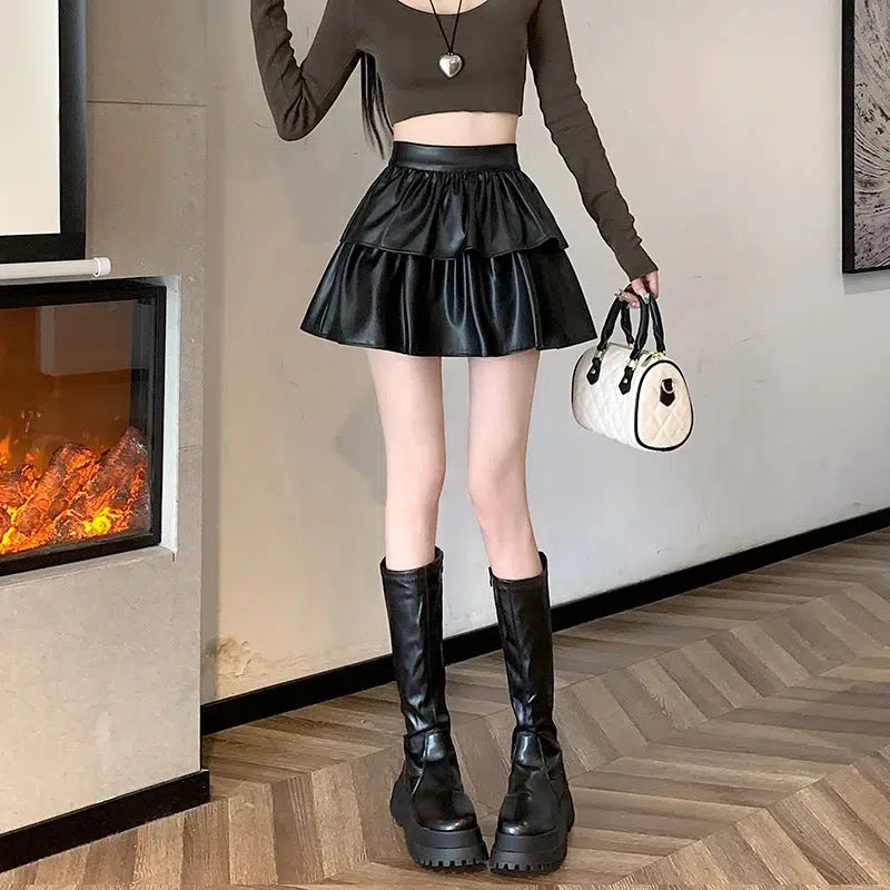Y2K Faux Leather A-Line Mini Skirt - Retro 90s Grunge Style
