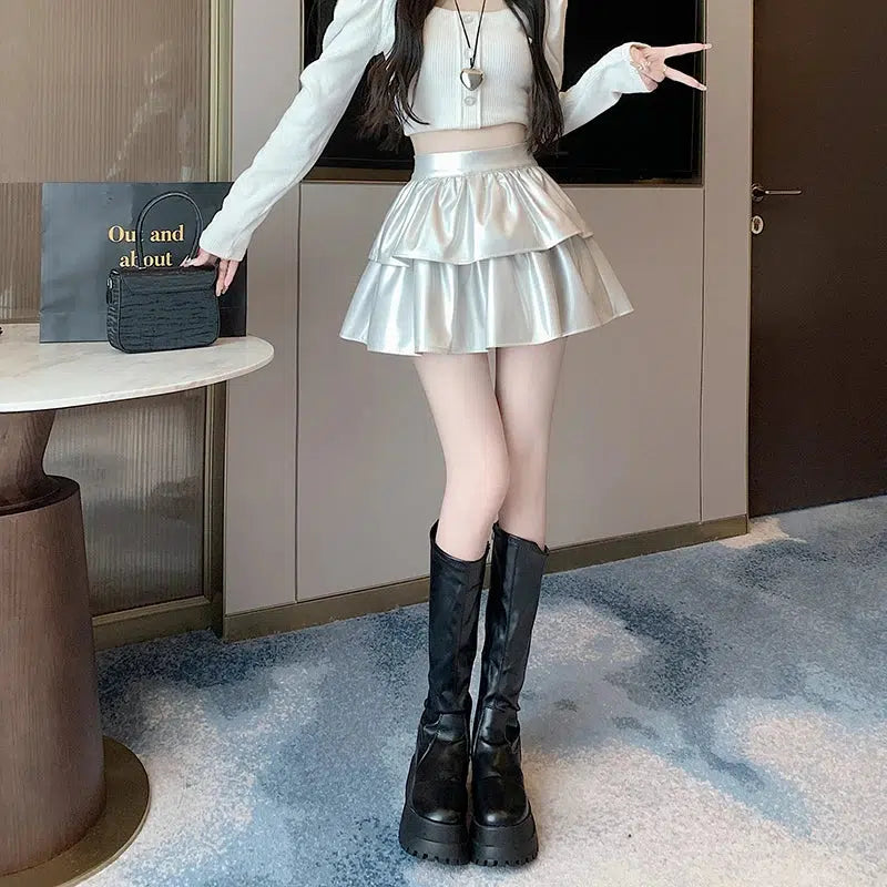 Y2K Faux Leather A-Line Mini Skirt - Retro 90s Grunge Style
