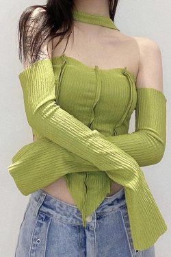 Y2K Flare Sleeved Halter Top - Retro Style 90s Fashion Douyin Dress